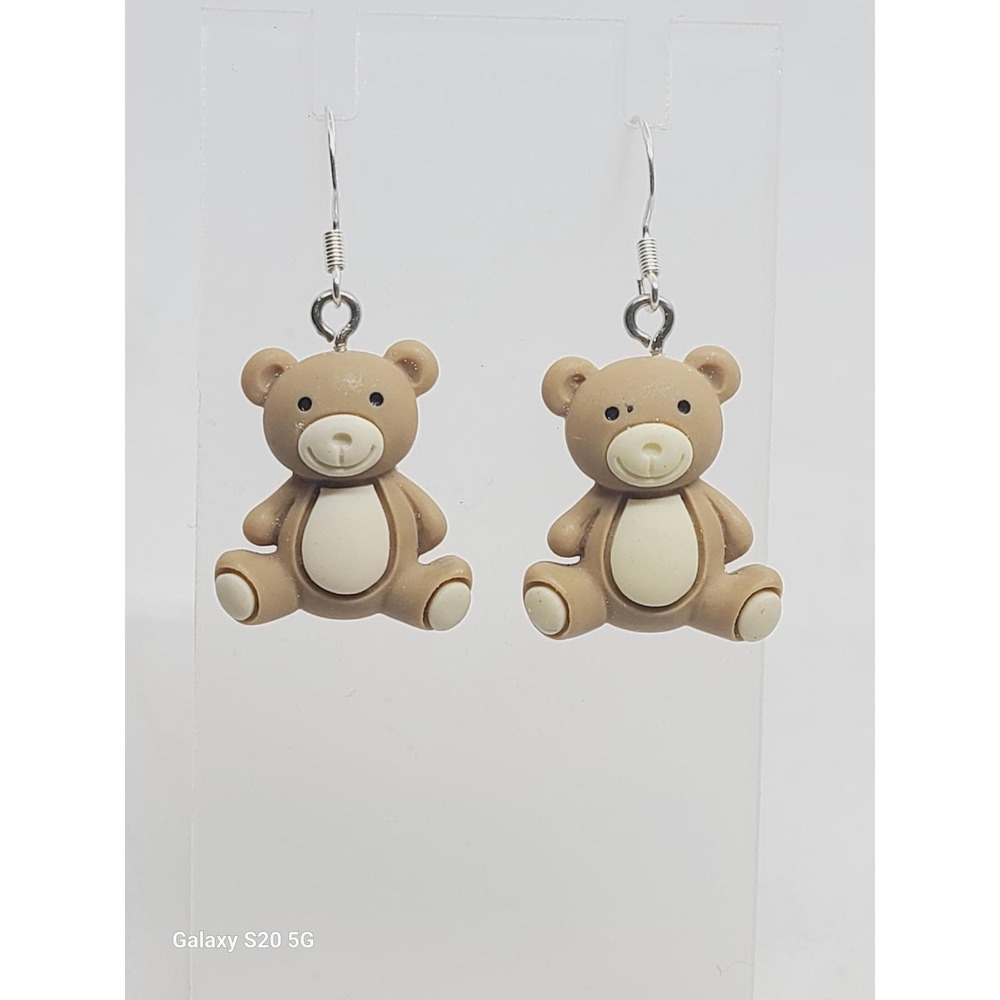 Handcrafted Tan Bear Dangle Drop Earrings NEW‎ 1.0" Lobe Area Lightweight Casual